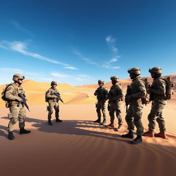 Six soldiers equipped with tactical gear, standing in a vast sandy desert landscape under the scorching sun