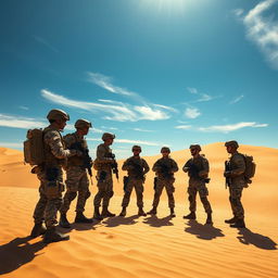 Six soldiers equipped with tactical gear, standing in a vast sandy desert landscape under the scorching sun