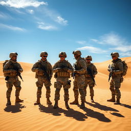 Six soldiers equipped with tactical gear, standing in a vast sandy desert landscape under the scorching sun