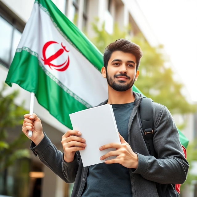 A university student holding a book in one hand, with the Iranian flag waving proudly behind him