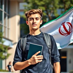 A university student holding a book in one hand, with the Iranian flag waving proudly behind him