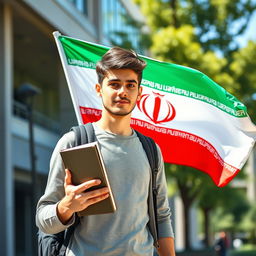 A university student holding a book in one hand, with the Iranian flag waving proudly behind him