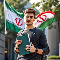 A university student holding a book in one hand, with the Iranian flag waving proudly behind him