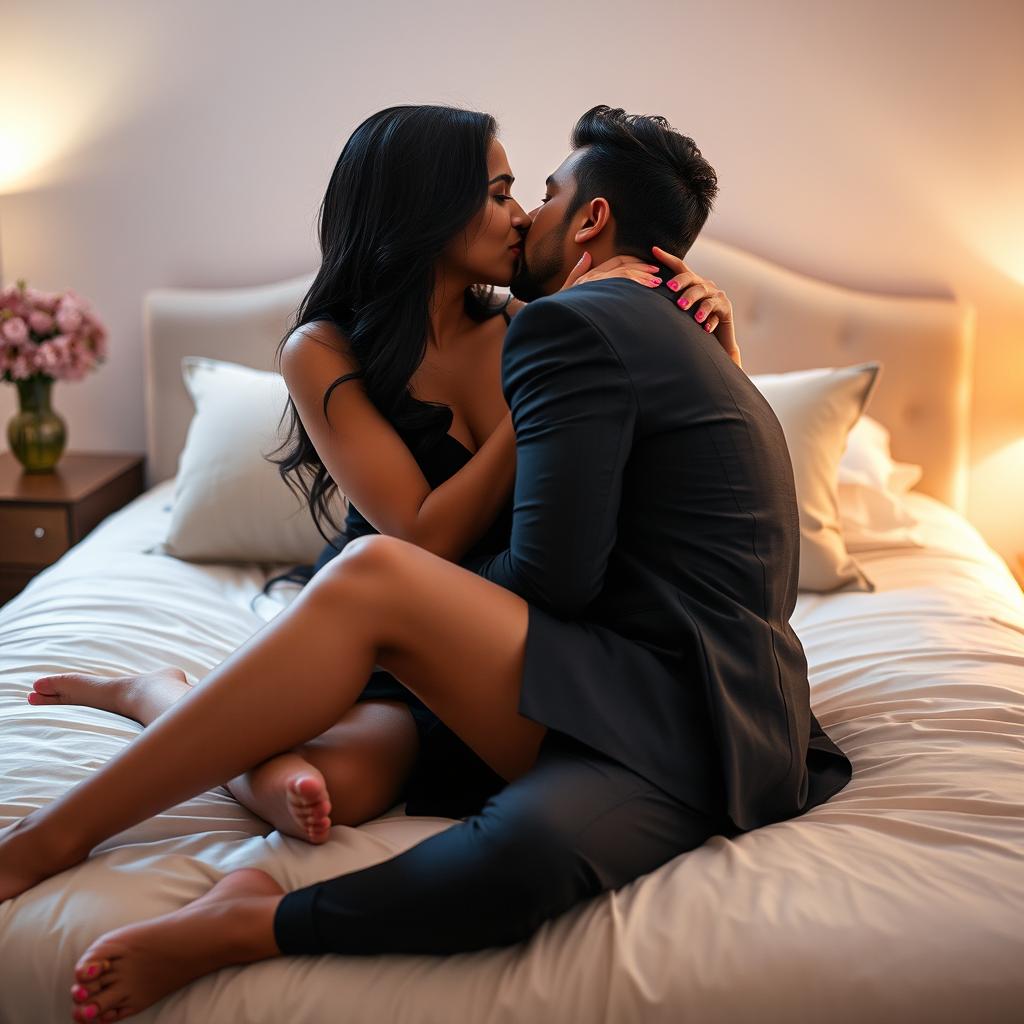 A sensual and intimate scene featuring a hot, cute Indian businesswoman, 18 years old, showcasing her long legs