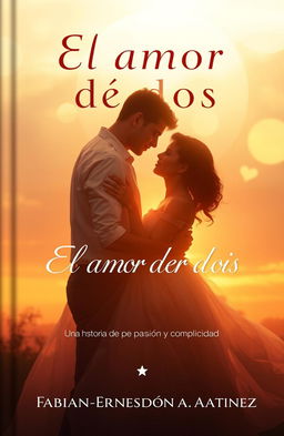 A romantic book cover depicting two souls embracing tenderly in the soft light of a sunset, surrounded by an ethereal and dreamlike ambiance