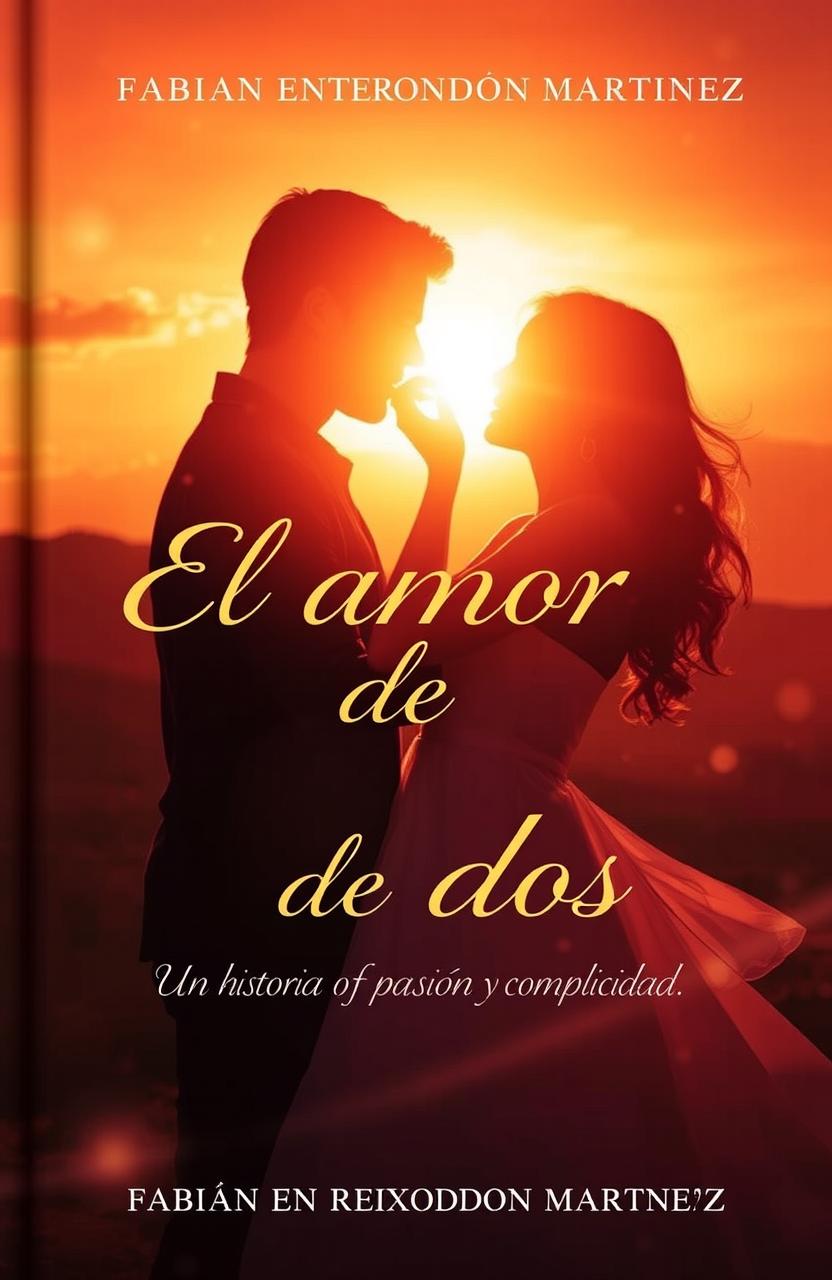A romantic book cover depicting two souls embracing tenderly in the soft light of a sunset, surrounded by an ethereal and dreamlike ambiance