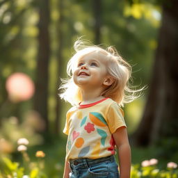 A young child with bright blonde hair looking up with a joyful expression, surrounded by a serene natural environment