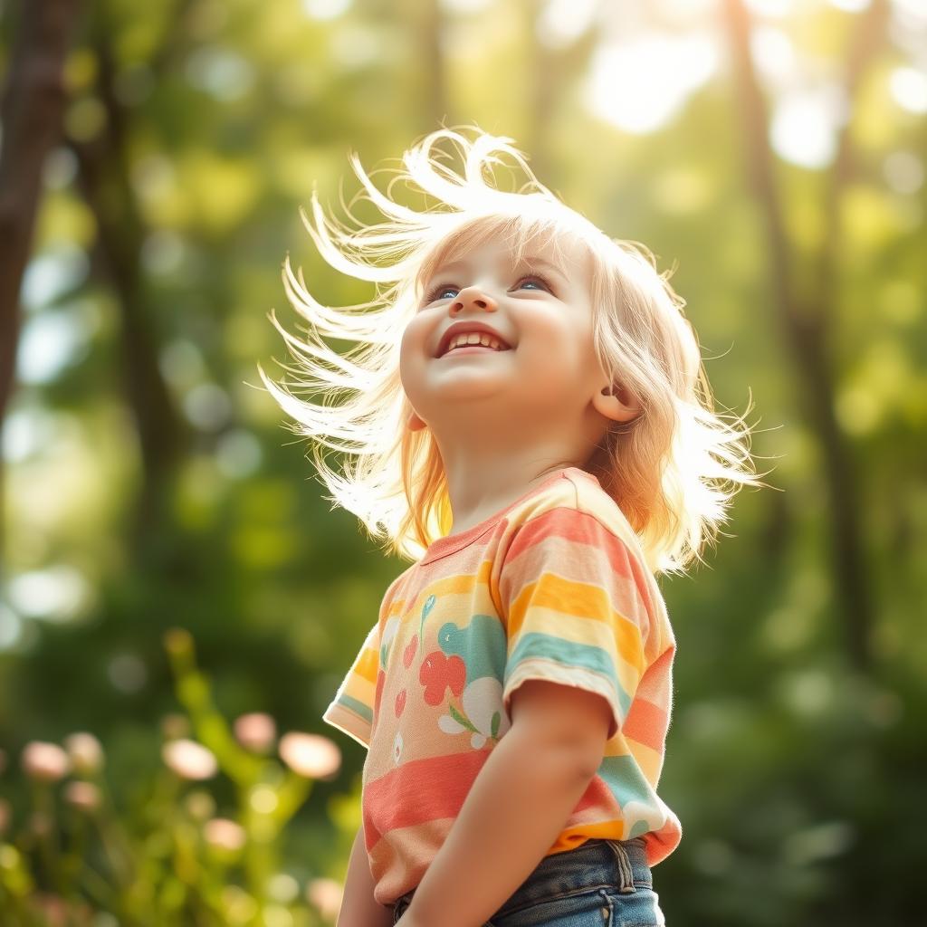 A young child with bright blonde hair looking up with a joyful expression, surrounded by a serene natural environment