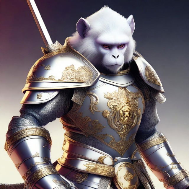 Digital art of a gallant white monkey knight, portrayed in a heroic stance