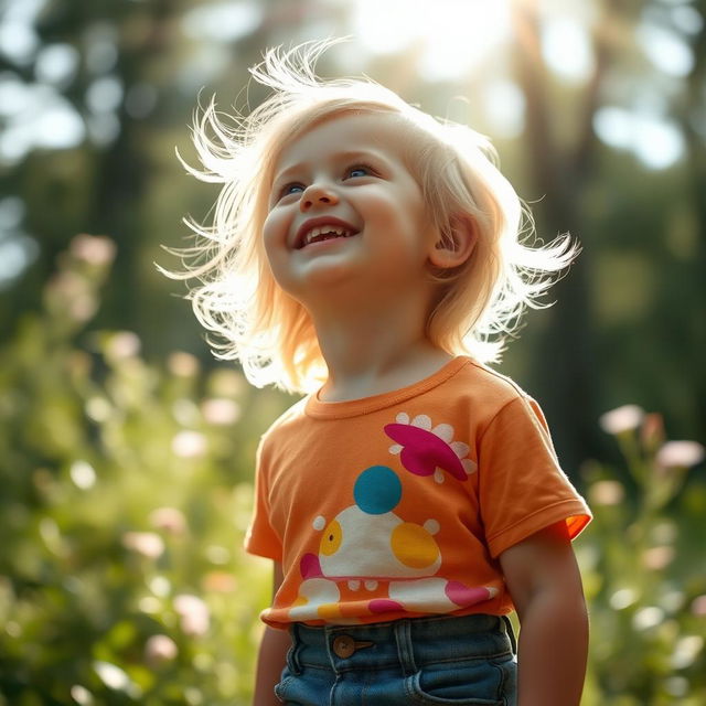 A young child with bright blonde hair looking up with a joyful expression, surrounded by a serene natural environment