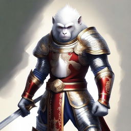 Digital art of a gallant white monkey knight, portrayed in a heroic stance