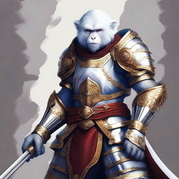 Digital art of a gallant white monkey knight, portrayed in a heroic stance