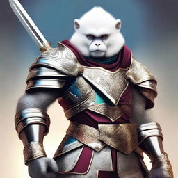 Digital art of a gallant white monkey knight, portrayed in a heroic stance