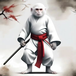 Semi-realistic digital art of a white monkey, dressed in traditional Japanese attire, portrayed as a wandering swordsman