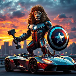 A powerful lion dressed in a sleek, high-tech Iron Man-inspired suit, reflecting a brilliant metallic sheen
