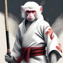 Semi-realistic digital art of a white monkey, dressed in traditional Japanese attire, portrayed as a wandering swordsman