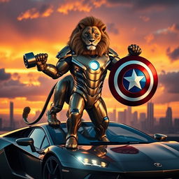 A powerful lion dressed in a sleek, high-tech Iron Man-inspired suit, reflecting a brilliant metallic sheen