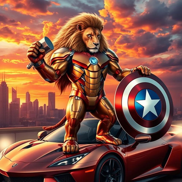 A powerful lion dressed in a sleek, high-tech Iron Man-inspired suit, reflecting a brilliant metallic sheen