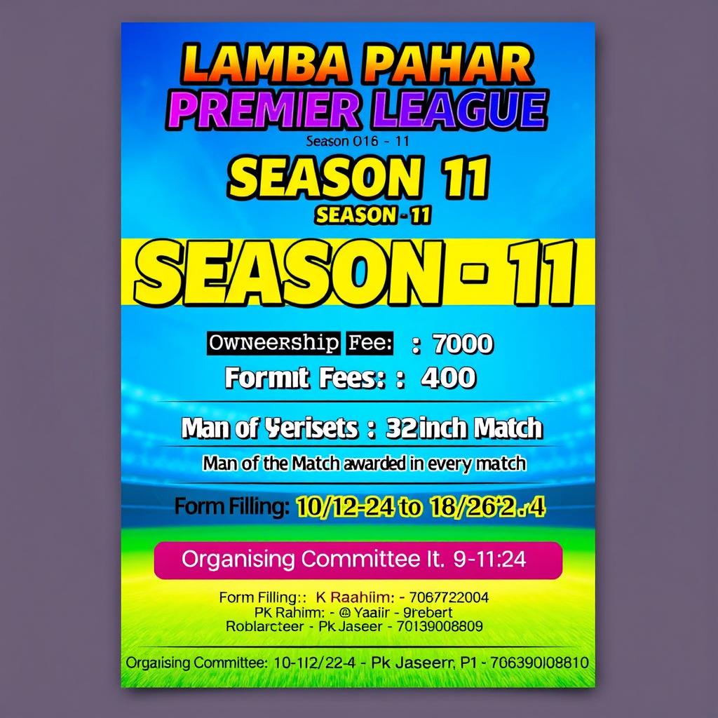 A vibrant and eye-catching poster design for the 'LAMBA PAHAR PREMIER LEAGUE, Season - 11'
