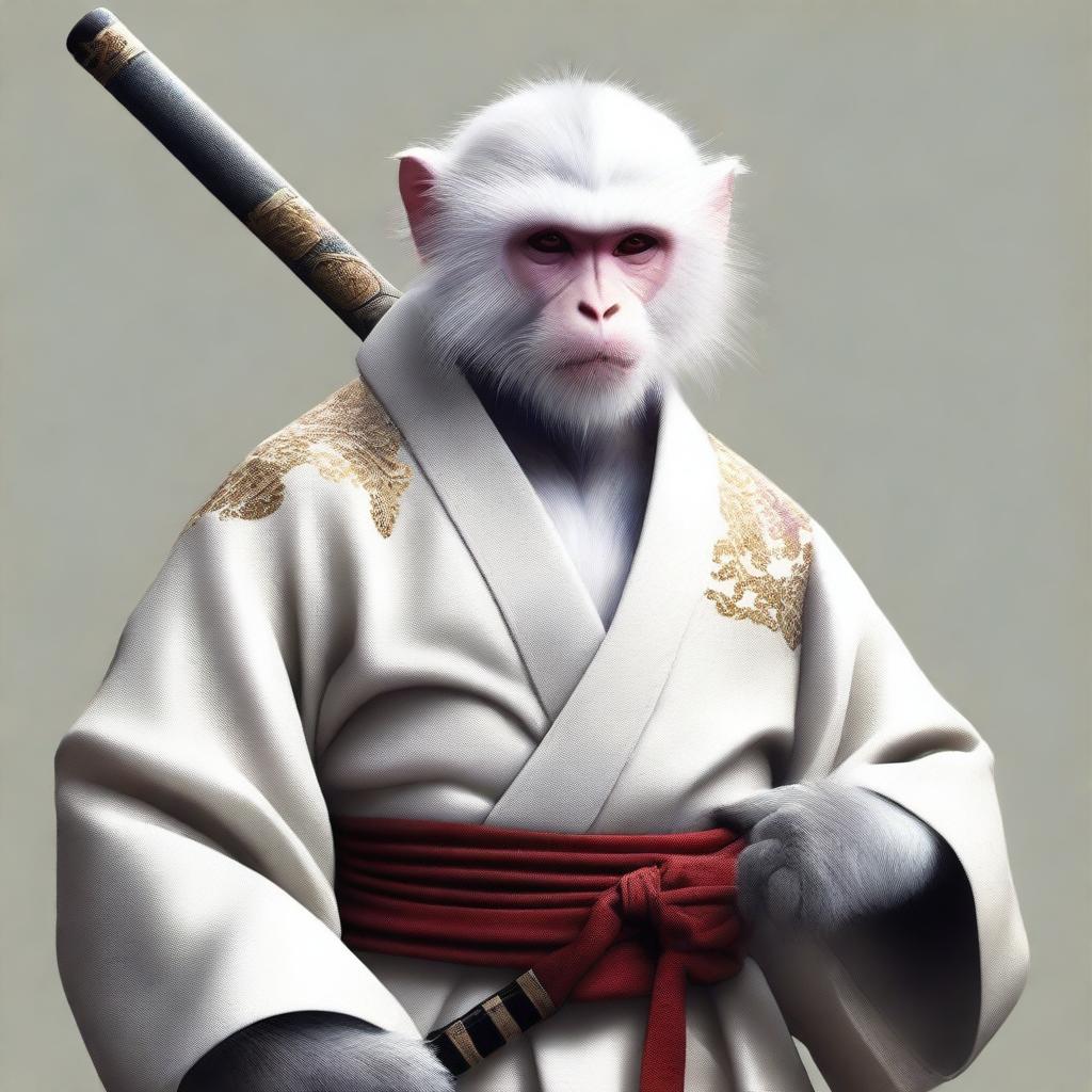 Semi-realistic digital art of a white monkey, dressed in traditional Japanese attire, portrayed as a wandering swordsman