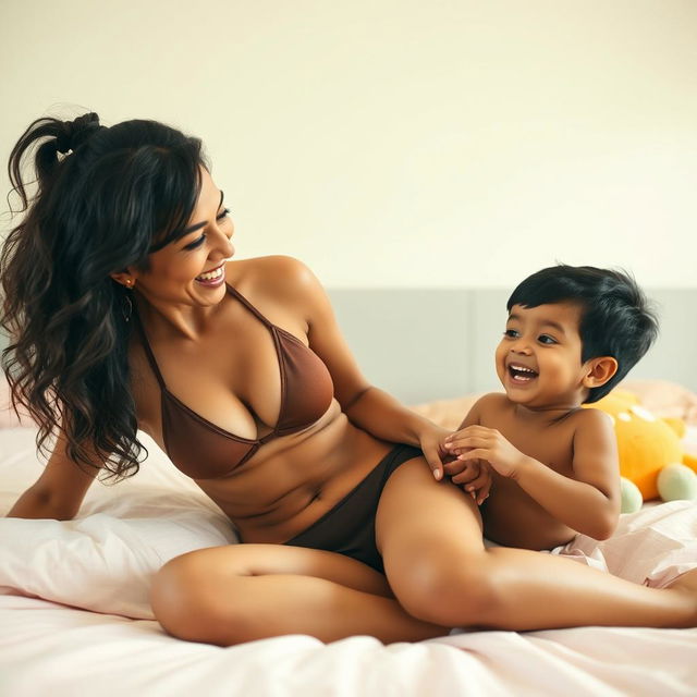 A playful and heartwarming scene of an Indian mother and son enjoying a lighthearted moment together on a bed