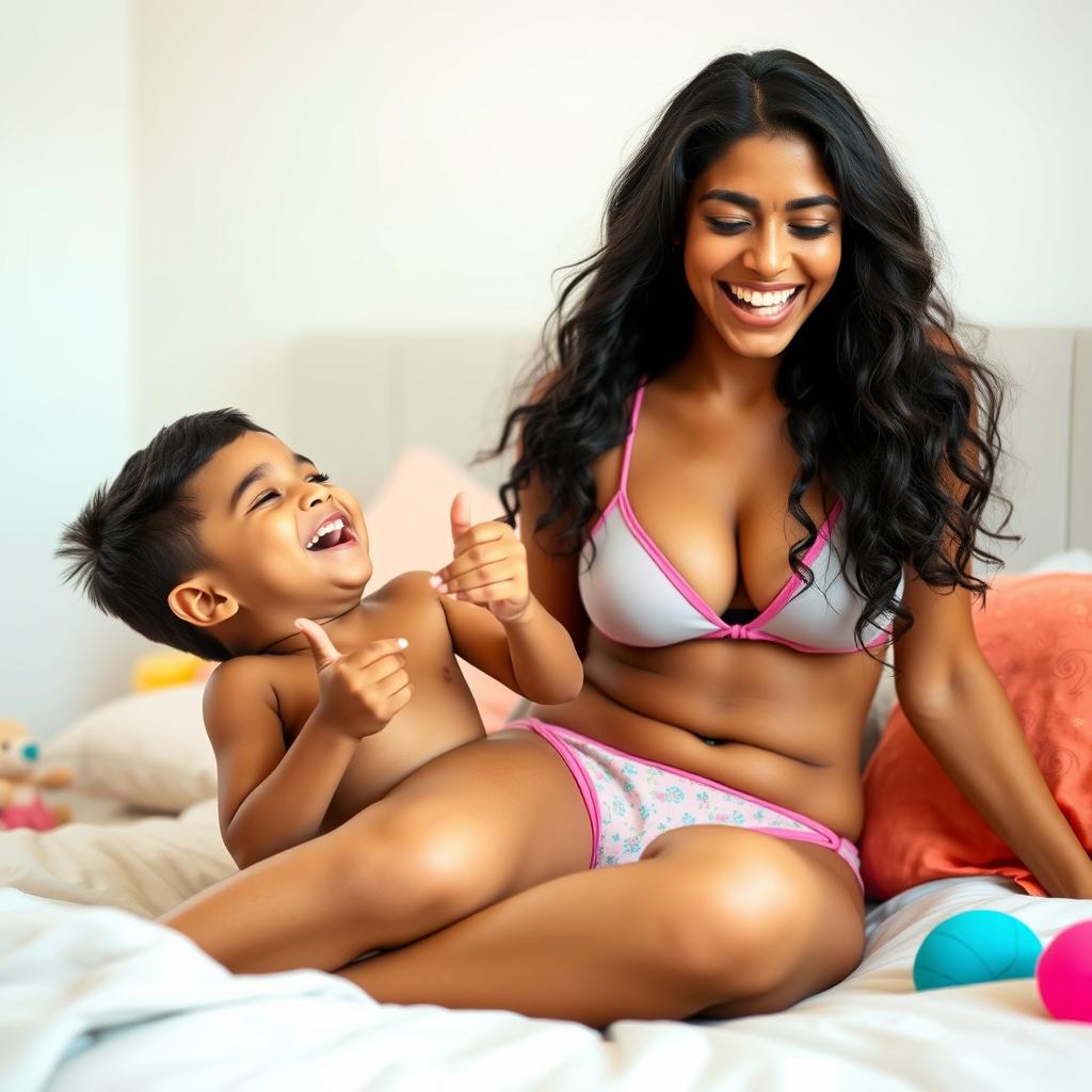 A playful and heartwarming scene of an Indian mother and son enjoying a lighthearted moment together on a bed