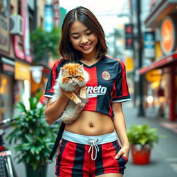 A fashionable Asian Indonesian girl wearing short pants and a crop top AC Milan jersey, displaying her belly button ring