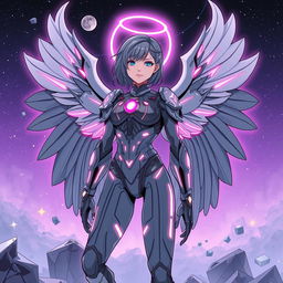 A retro-futuristic cyber angel with large, luminous wings and a sleek design, depicted in shades of grey