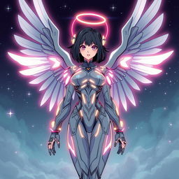 A retro-futuristic cyber angel with large, luminous wings and a sleek design, depicted in shades of grey