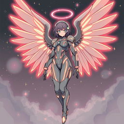A retro-futuristic cyber angel with large, luminous wings and a sleek design, depicted in shades of grey
