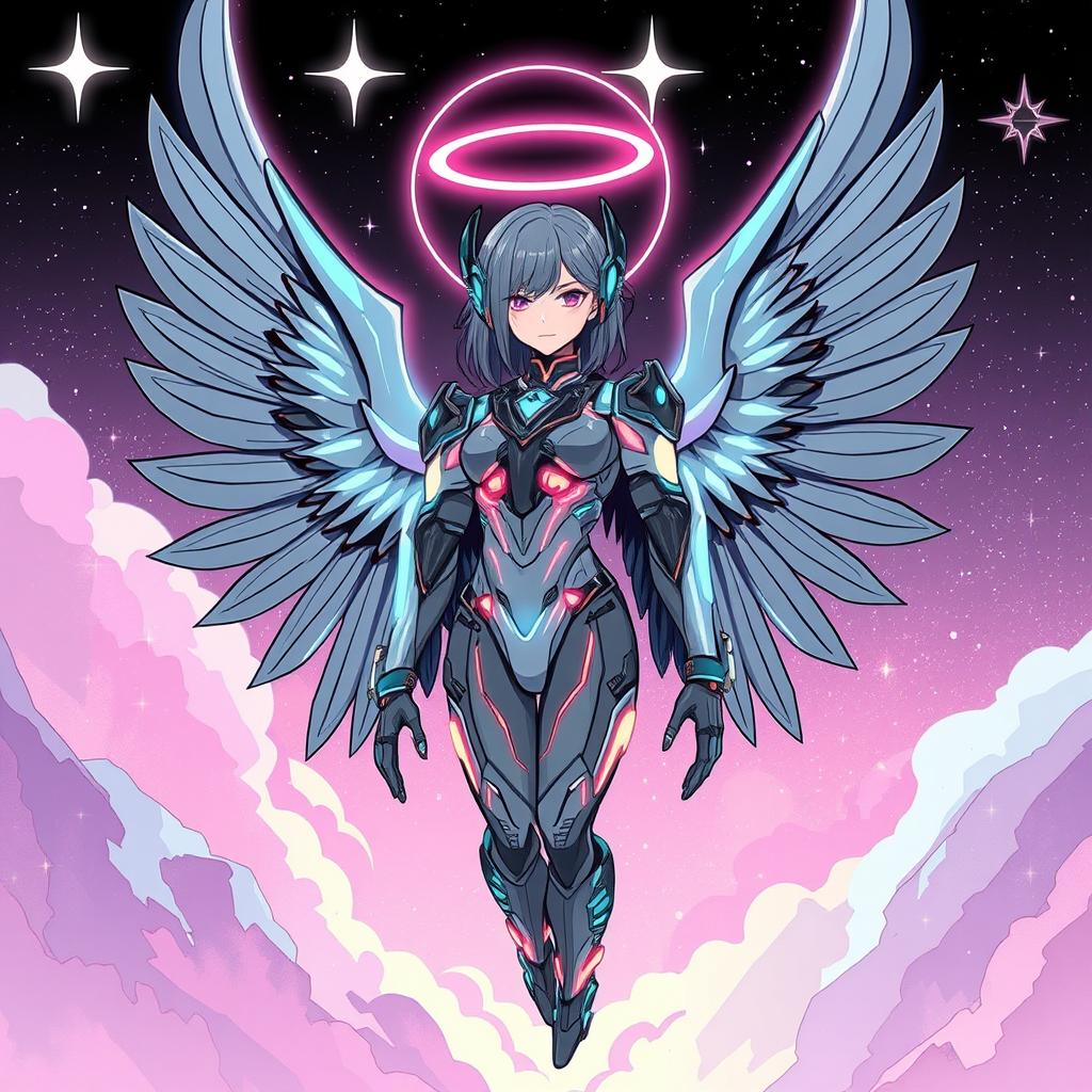 A retro-futuristic cyber angel with large, luminous wings and a sleek design, depicted in shades of grey