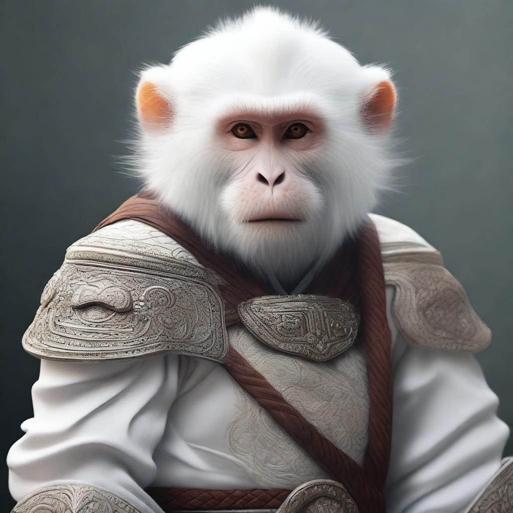 A semi-realistic digital art depicting a white monkey as a wandering warrior