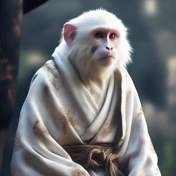 A semi-realistic digital art image showcasing a white monkey in a tattered robe, poised for an epic battle