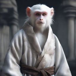 A semi-realistic digital art image showcasing a white monkey in a tattered robe, poised for an epic battle