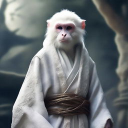 A semi-realistic digital art image showcasing a white monkey in a tattered robe, poised for an epic battle