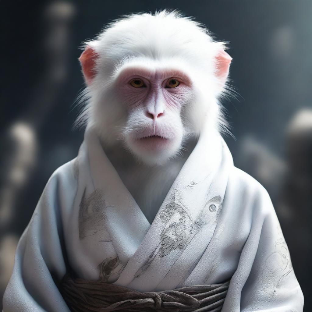 A semi-realistic digital art image showcasing a white monkey in a tattered robe, poised for an epic battle