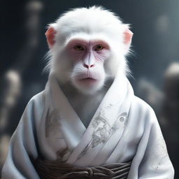 A semi-realistic digital art image showcasing a white monkey in a tattered robe, poised for an epic battle