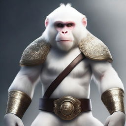 A semi-realistic digital art image illustrating a white monkey, geared up for an epic battle