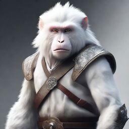 A semi-realistic digital art image illustrating a white monkey, geared up for an epic battle