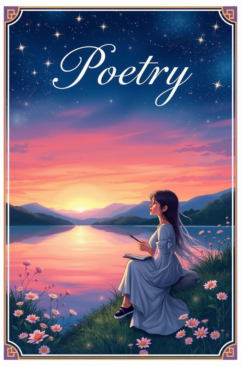 A serene landscape depicting a girl sitting on a grassy bank by a lake at sunset