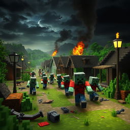 A thrilling scene depicting a Minecraft-style zombie apocalypse
