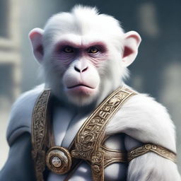 A semi-realistic digital art image illustrating a white monkey, geared up for an epic battle