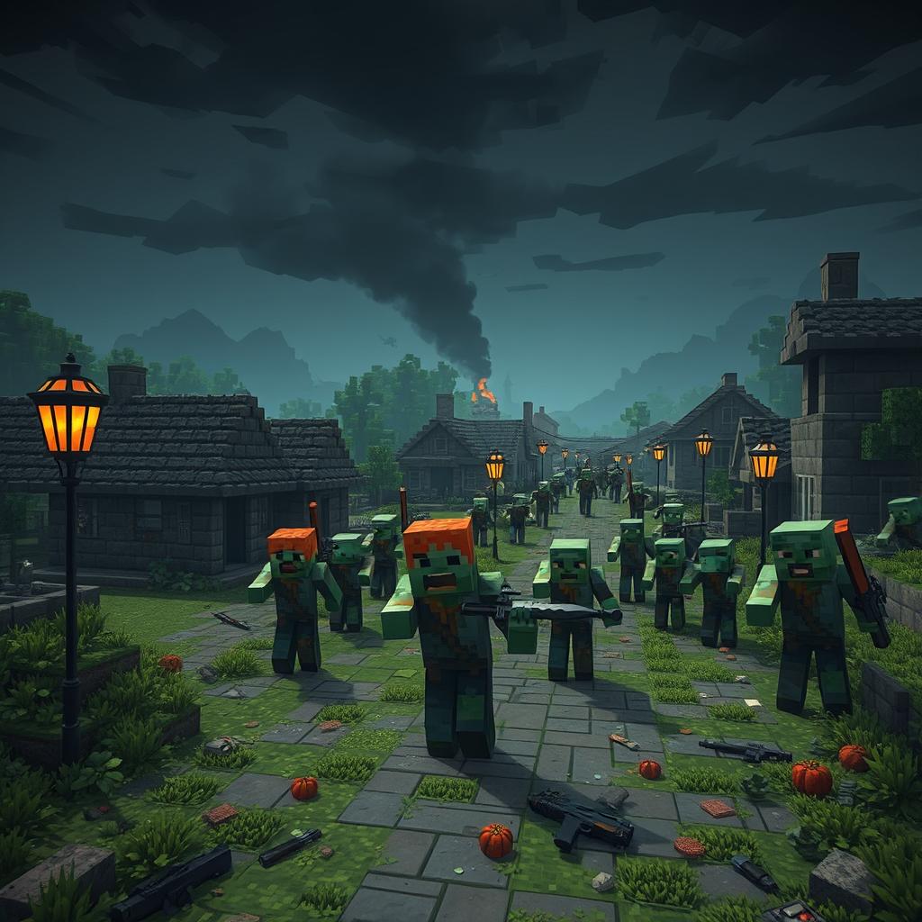 A thrilling scene depicting a Minecraft-style zombie apocalypse