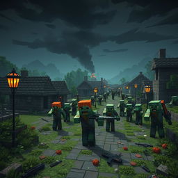 A thrilling scene depicting a Minecraft-style zombie apocalypse