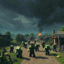 A thrilling scene depicting a Minecraft-style zombie apocalypse