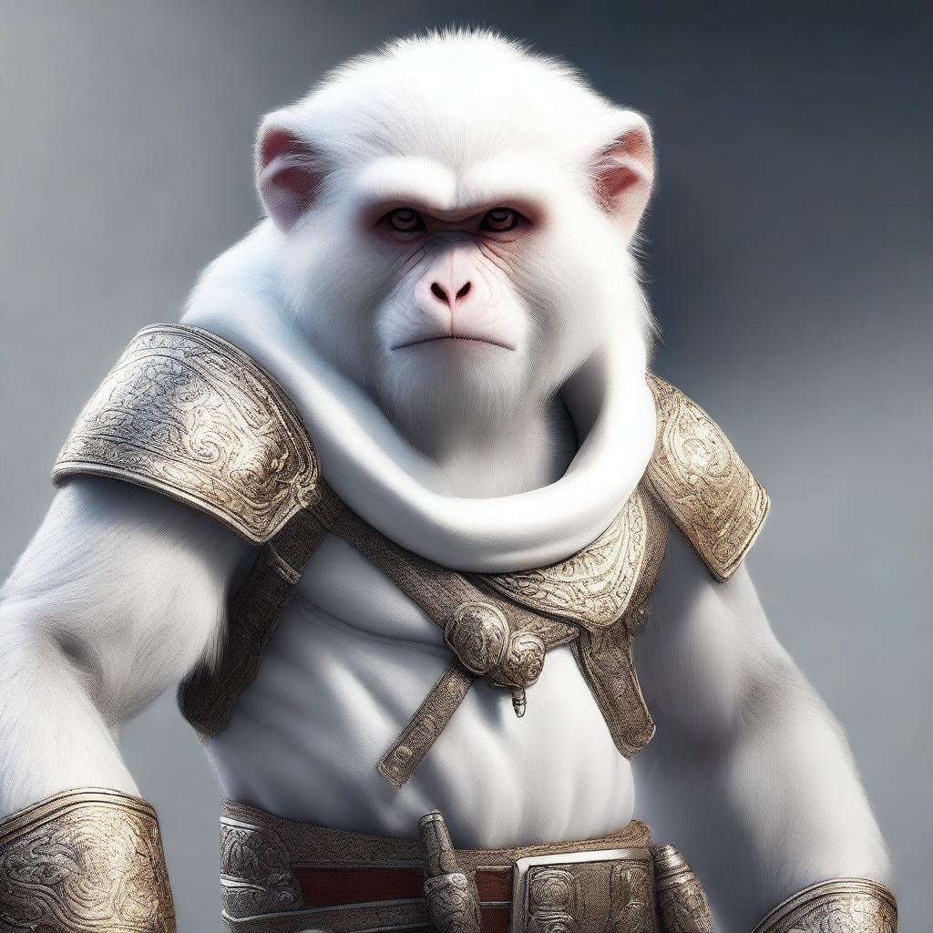 A semi-realistic digital art image illustrating a white monkey, geared up for an epic battle