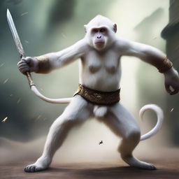 A semi-realistic digital art image depicting a white monkey as a wandering warrior engaged in an epic battle