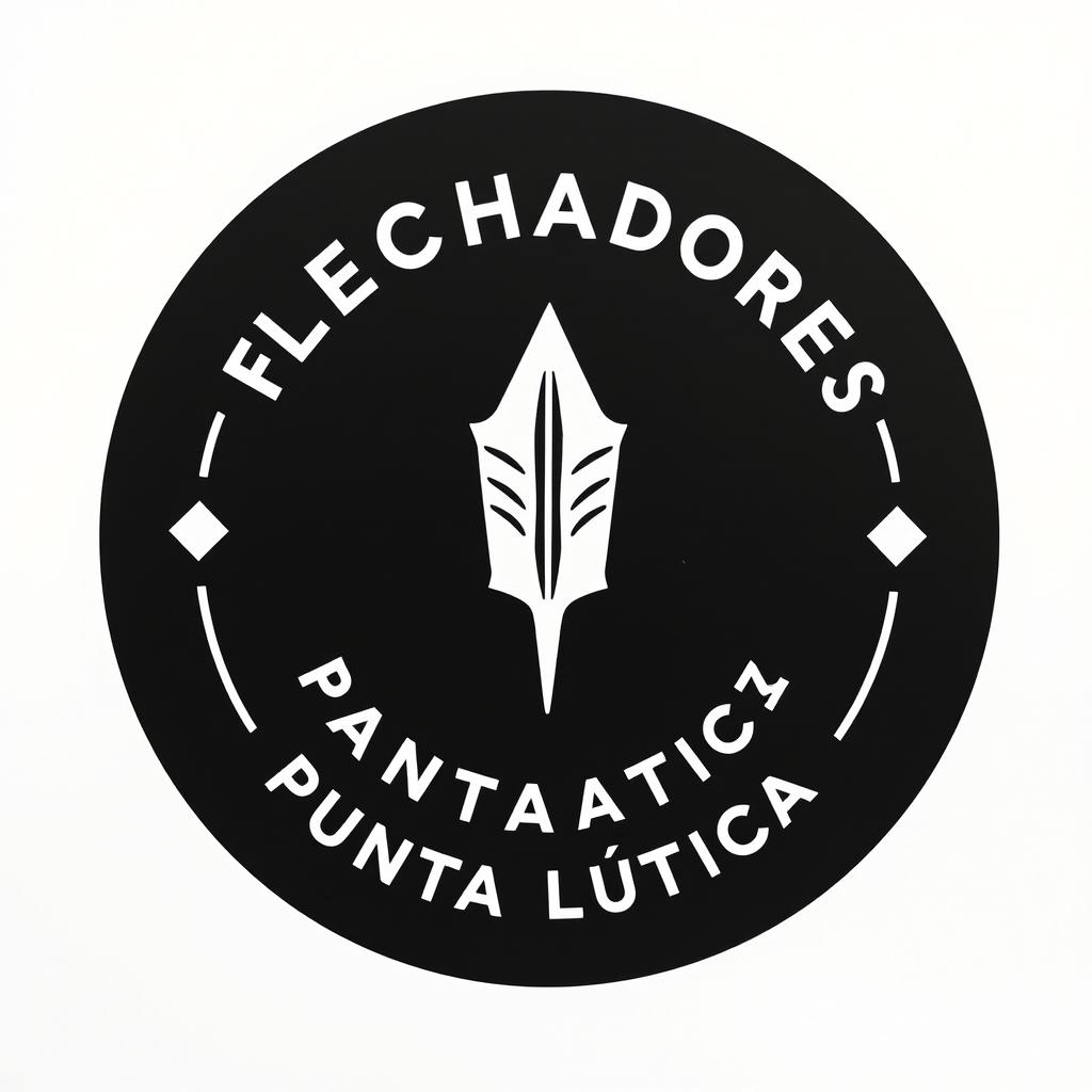 A circular logo with a black background and a white design