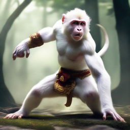 A semi-realistic digital art image depicting a white monkey as a wandering warrior engaged in an epic battle