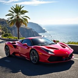 A stunning red supercar parked on a picturesque coastal road with a breathtaking view of the ocean and cliffs in the background